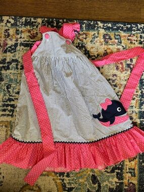 Stellybelly | Stripe Whale Dress w Pink Polka Dot Ruffle Trim | 4T